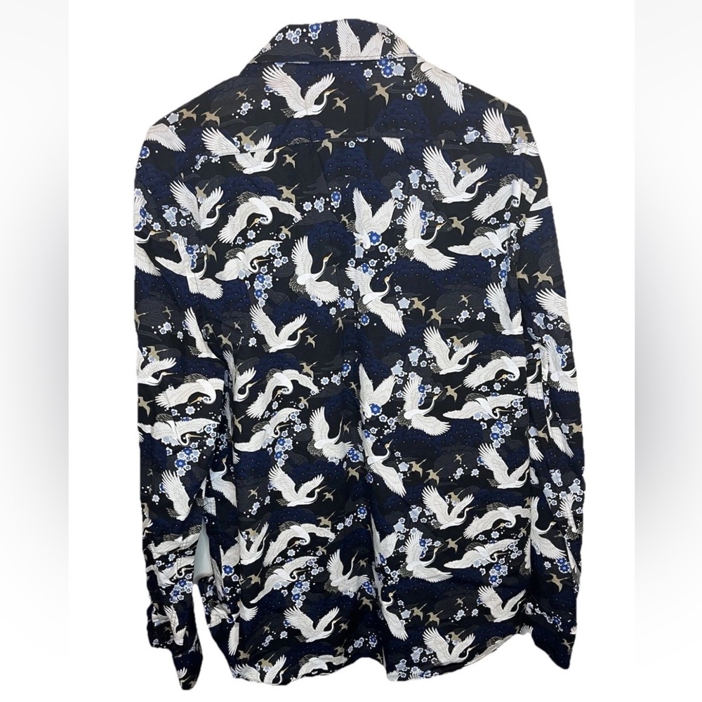 Express Mens Slim 1MX Long Sleeve Black Blue Crane Birds Shirt Button Up Size L - Picture 8 of 8